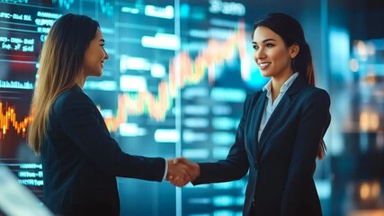 Two businesspeople shaking hands with stock graphs behind - Powered by Adobe