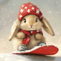 Cute Bunny on a Snowboard in a Winter Wonderland Scene