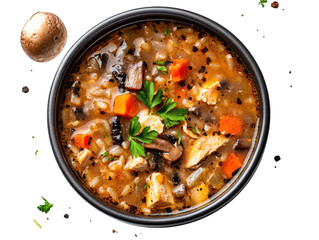 Chicken and mushroom soup bowl, overhead view, herbs, black background, food photography