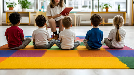 Diverse Preschool Children Listening To Teacher In Colorful Classroom