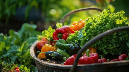 A vibrant assortment of vegetables like peppers, lettuce, and herbs spilling from a wheelbarrow, under the warm spring sunlight of the community garden.