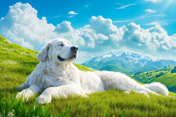 Obraz premium A white dog laying on top of a lush green field