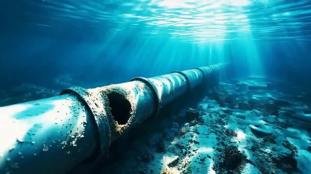 Large underwater pipeline stretching across the ocean with a collapsed hole