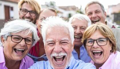 A joyful group of seniors laughing and enjoying each other's company, capturing a moment of happiness and connection in a vibrant outdoor setting