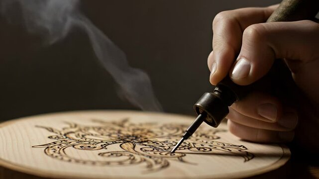 Intricate Wood Burning: Artist's Hand Crafting a Detailed Design