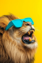 A lion wearing sunglasses on a yellow background
