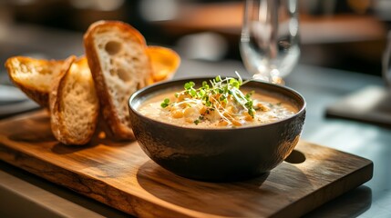 Small bowl of creamy soup garnished with fresh herbs served with crusty bread slices on warm rustic table.