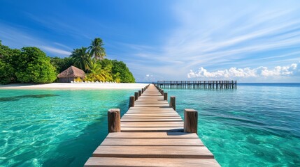Obraz premium Wooden bridge spans a body of water in front of a beach. The water is clear and calm, and the sky is blue with a few clouds. The scene is peaceful and serene, with the beach