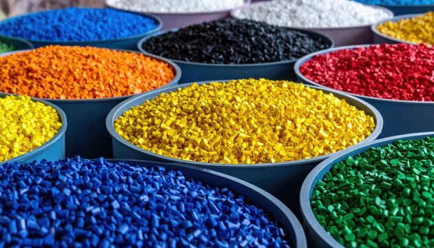Vibrant bowls filled with colorful plastic pellets showcase a variety of hues, highlighting the raw materials used in manufacturing and recycling processes