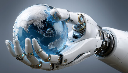 Futuristic Arm Holding Earth : A white robot arm holding a blue globe on an abstract background with digital elements, isolated on a white background.  Generative AI.