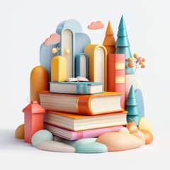 Obraz premium Colorful book stack landscape, reading, knowledge, illustration, background