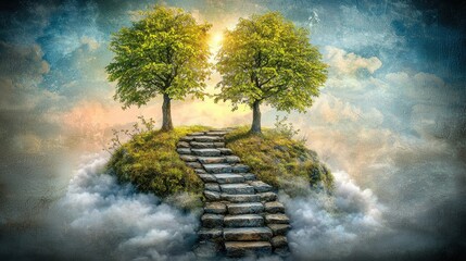 Floating island steps leading to a radiant sky.