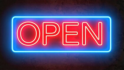 A bright neon sign displaying the word "OPEN" in bold letters, illuminated with blue and red lights against a dark background