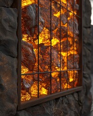 Illuminated Rock Wall Decor with Warm Orange Glow and Texture