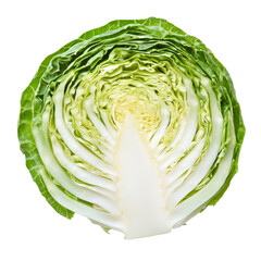 Obraz premium Freshly sliced green cabbage on a transparent background showcasing its vibrant texture and crisp layers, Cabbage sliced isolated on transparent background