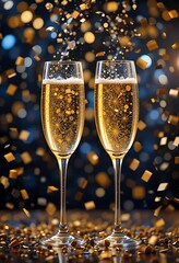 Toasting to Celebrations Two Champagne Glasses Filled with Sparkling Wine Amidst a Shower of Golden Confetti for New Year's Eve and Festive Occasions