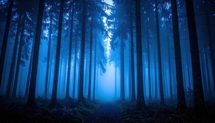 Mysterious forest enveloped in blue mist, creating an ethereal atmosphere with tall trees lining a hidden path