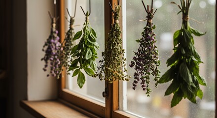 Hanging Herbs Drying on Window Frame
