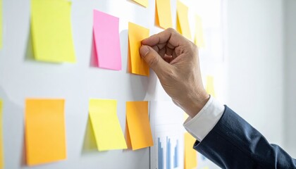 A hand places a sticky note on a board filled with colorful post-its, symbolizing organization, brainstorming, or project management in a professional setting