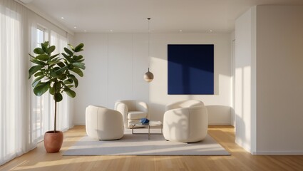 Fototapeta premium Contemporary Living Room with Modern Furniture and Decorative Elements Featuring a Plush Sofa Set, Houseplant, and Artistic Wall Decor in a Bright, Inviting Space