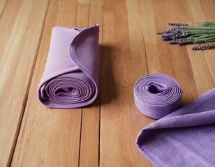 Soft lavender fabric rolls elegantly arranged on a wooden surface with fresh lavender sprigs.