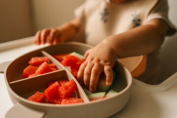 Close-up of toddler’s hands picking watermelon slices from a silicone plate on a highchair tray during a self-feeding mealtime