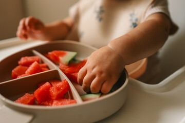 Close-up of toddler’s hands picking watermelon slices from a silicone plate on a highchair tray during a self-feeding mealtime