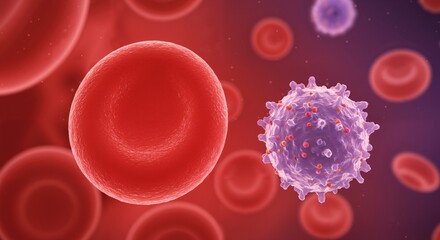 A Detailed Examination of Human Blood Cells: An Intriguing Look at Red Blood Cells and Virus Interaction Under Microscopic Lens in Vibrant Colors