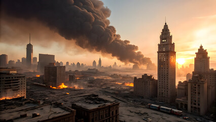 Fototapeta premium As the sun sets behind a city engulfed in smoke and fire, the world watches in silence.