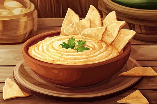 Queso Bliss Creamy dip with tortilla chips on a rustic wooden table.