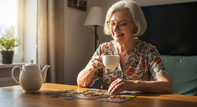Senior woman enjoying tea and puzzle in sunlit home for relaxation - Powered by Adobe