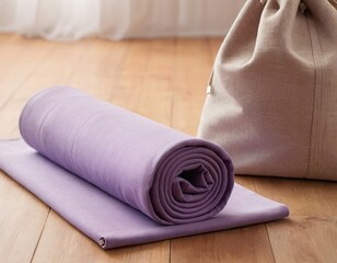 A peaceful yoga setup featuring a rolled purple mat and a beige carry bag, creating a calming atmosphere.