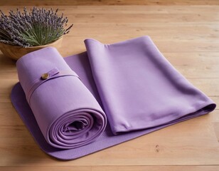 Soft lavender yoga mat and towel arranged with lavender sprigs on a wooden surface.