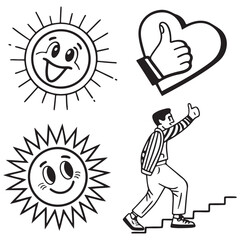 Vector Line Art Icon Set of Monochrome Positivity