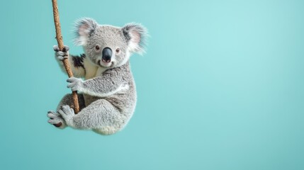 Cute koala clinging to a branch against a teal backdrop.