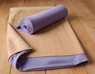 A rolled lavender yoga mat resting beside a beige mat on a wooden surface.