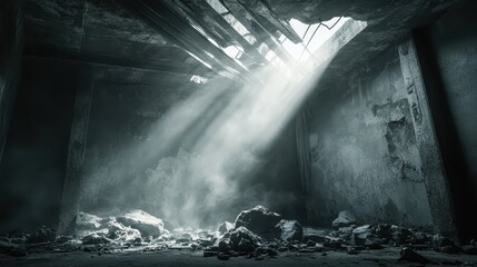 Tranquil Light Rays Illuminating Abandoned Dark Room with Debris