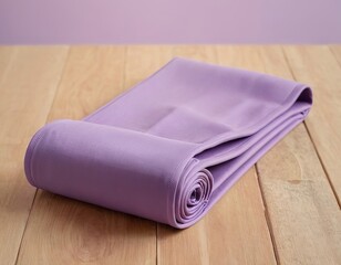 Rolled lavender fabric resting on a wooden surface, adding a soft touch to the minimalist setting.