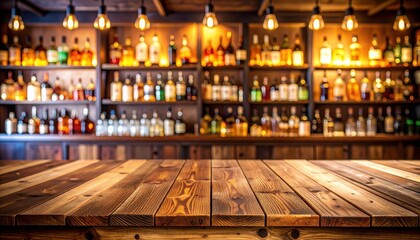 Obraz premium A rustic wooden bar with a selection of various spirits displayed on shelves, illuminated by warm pendant lights, creating a cozy atmosphere
