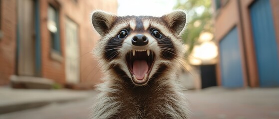 Playful raccoon's wide-eyed expression in an urban setting.