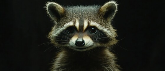 Close-up portrait of a raccoon against dark background.