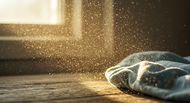 Dust mote and cloth on wooden surface