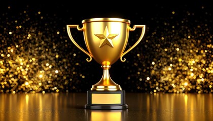 A shiny gold trophy with a star sits against a sparkling background, symbolizing achievement and success in various competitions