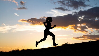 A silhouetted runner jogs against a vibrant sunset, capturing the essence of motion and freedom in the evening sky