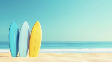 Colorful surfboards on sandy beach, ocean backdrop, summer vacation