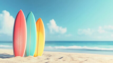 Colorful surfboards on sandy beach, ocean background