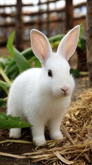 Fototapeta premium Close-up of a fluffy white rabbit standing amidst straw, greenery, and a rustic fence.