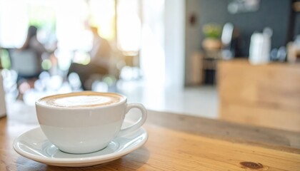 A coffee cup sits on a wooden table, with a blurred background of people enjoying themselves in a cozy café