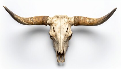 A detailed bull skull with prominent horns, displayed against a clean background, showcasing its texture and features in a striking manner