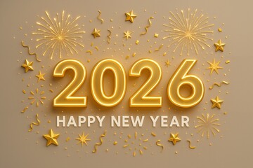 Celebration of the New Year 2026 with Festive Decorations Displaying Golden Numbers, Fireworks, and Stars in a Colorful Background to Mark a Joyous Occasion